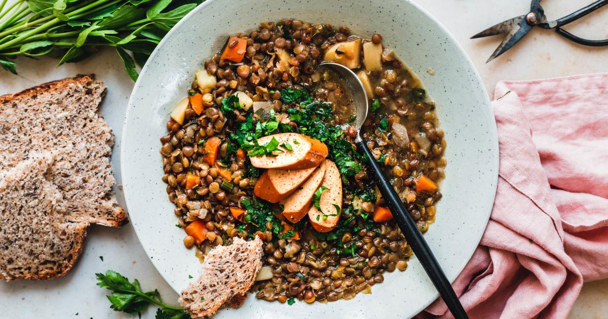 The great thing about lentils is that they don't have to be soaked overnight. However, it benefits the digestion if you do soak them overnight, and even better if you add a piece of kombu seaweed whilst cooking. Always remember to scoop off the white foam that arises when you bring pulses to a boil. I find that is good practice but apparently an old wive's tale that it actually reduces excess wind. Well, I think it's worth trying and besides the lid stays on the pot better when the foam is gone.